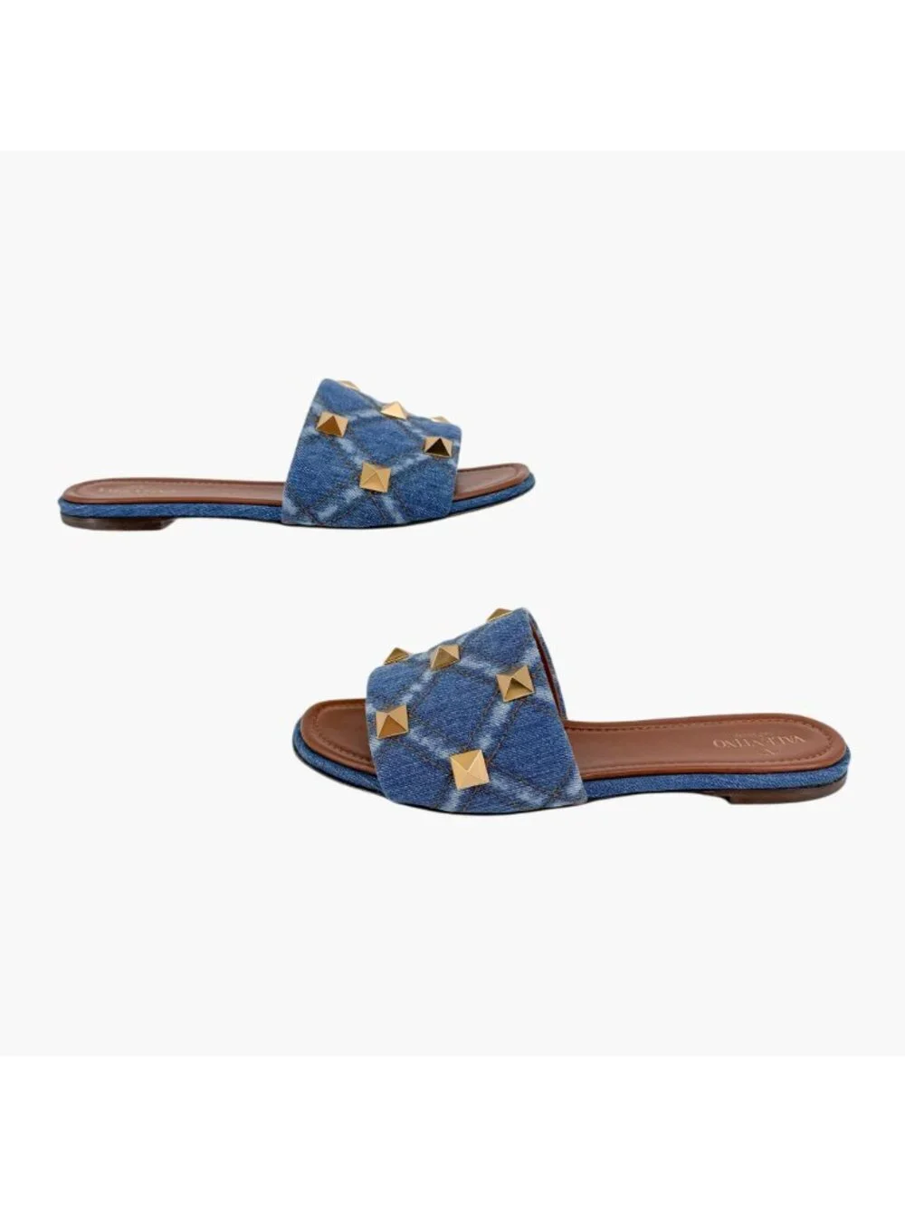 Valentino Roman Stud Denim Quilted Slide Sandals Size 41 US 11 Women’s Blue Flat